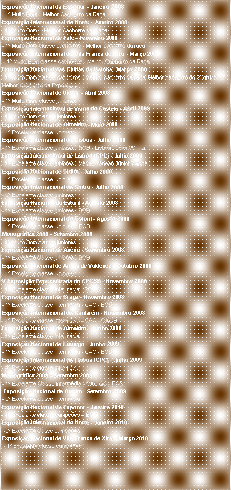 Caixa de texto: Exposi��o Nacional da Exponor - Janeiro 2008- 1� Muito Bom - Melhor Cachorro da Ra�a  Exposi��o Internacional do Norte - Janeiro 2008 -1� Muito Bom  - Melhor Cachorro da Ra�a Exposi��o Nacional de Fafe - Fevereiro 2008- 1� Muito Bom classe cachorros - Melhor cachorro da ra�aExposi��o Internacional de Vila Franca de Xira  - Mar�o 2008 - 1� Muito Bom classe cachorros - Melhor Cachorro da Ra�aExposi��o Nacional das Caldas da Rainha - Mar�o 2008- 1� Muito Bom classe cachorros - Melhor cachorro da ra�a, Melhor cachorro do 2� grupo, 3� Melhor Cachorro da Exposi��oExposi��o Nacional de Viana  - Abril 2008- 1� Muito Bom classe juniores Exposi��o Internacional de Viana do Castelo - Abril 2008- 1� Muito Bom classe juniores Exposi��o Nacional de Almeirim - Maio 2008- 1� Excelente classe juniores Exposi��o Internacional de Lisboa - Julho 2008- 1� Excelente classe juniores - BOB - Lisboa J�nior WinnerExposi��o Internacional de Lisboa (CPC) - Julho 2008- 1� Excelente classe juniores - Mediterranean J�nior WinnerExposi��o Nacional de Sintra - Julho 2008 - 1� Excelente classe junioresExposi��o Internacional de Sintra - Julho 2008- 2� Excelente classe juniores Exposi��o Nacional do Estoril - Agosto 2008- 1� Excelente classe juniores - BOBExposi��o Internacional do Estoril - Agosto 2008- 1� Excelente classe juniores - BOBMonogr�fica 2008 - Setembro 2008- 1� Muito Bom classe juniores Exposi��o Nacional de Aveiro - Setembro 2008- 1� Excelente classe juniores - BOBExposi��o Nacional de Arcos de Valdevez - Outubro 2008- 1� Excelente classe junioresV Exposi��o Especializada do CPCSB - Novembro 2008- 1� Excelente classe interm�dia - RCACExposi��o Nacional de Braga - Novembro 2008- 1� Excelente classe interm�dia - CAC - BOSExposi��o Internacional de Santar�m - Novembro 2008- 1� Excelente classe interm�dia - CAC - CACIBExposi��o Nacional de Almeirim - Junho 2009- 1� Excelente classe interm�dia Exposi��o Nacional de Lamego - Junho 2009- 1� Excelente classe interm�dia - CAC - BOSExposi��o Internacional de Lisboa (CPC) - Julho 2009- 4� Excelente classe interm�diaMonogr�fica 2009 - Setembro 2009- 1� Excelente Classe Interm�dia - CAC QC - BOS Exposi��o Nacional de Aveiro - Setembro 2009- 2� Excelente classe interm�diaExposi��o Nacional da Exponor - Janeiro 2010- 1� Excelente classe campe�es -  BOB  Exposi��o Internacional do Norte - Janeiro 2010 -2� Excelente classe campe�es Exposi��o Nacional de Vila Franca de Xira  - Mar�o 2010 - 1� Excelente classe campe�es