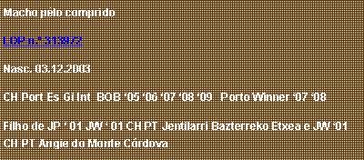 Caixa de texto: Macho p�lo compridoLOP n.� 313972Nasc. 03.12.2003 CH Port Es Gi Int  BOB �05 �06 �07 �08 �09   Porto Winner �07 �08Filho de JP � 01 JW � 01 CH PT Jentilarri Bazterreko Etxea e JW �01 CH PT Angie do Monte C�rdova