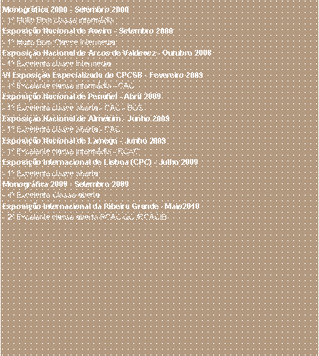 Caixa de texto: Monogr�fica 2008 - Setembro 2008- 1� Muito Bom classe interm�dia Exposi��o Nacional de Aveiro - Setembro 2008- 1� Muito Bom Classe interm�diaExposi��o Nacional de Arcos de Valdevez - Outubro 2008- 1� Excelente classe interm�diaVI Exposi��o Especializada do CPCSB - Fevereiro 2009- 1� Excelente classe interm�dia - CACExposi��o Nacional de Penafiel - Abril 2009- 1� Excelente classe aberta - CAC - BOSExposi��o Nacional de Almeirim - Junho 2009- 1� Excelente classe aberta - CAC Exposi��o Nacional de Lamego - Junho 2009- 1� Excelente classe interm�dia - RCAC Exposi��o Internacional de Lisboa (CPC) - Julho 2009- 1� Excelente classe abertaMonogr�fica 2009 - Setembro 2009- 4� Excelente Classe abertaExposi��o Internacional da Ribeira Grande - Maio2010- 2� Excelente classe aberta RCAC QC /RCACIB
